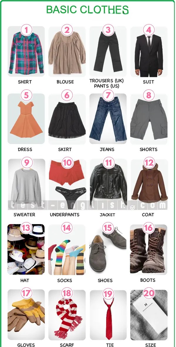 Visual guide to basic clothes vocabulary with images and labels for shirt, blouse, trousers, suit, and more for A1 English learners