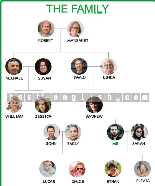 Family tree infographic with titles like grandfather, uncle, and niece for A1 English learners