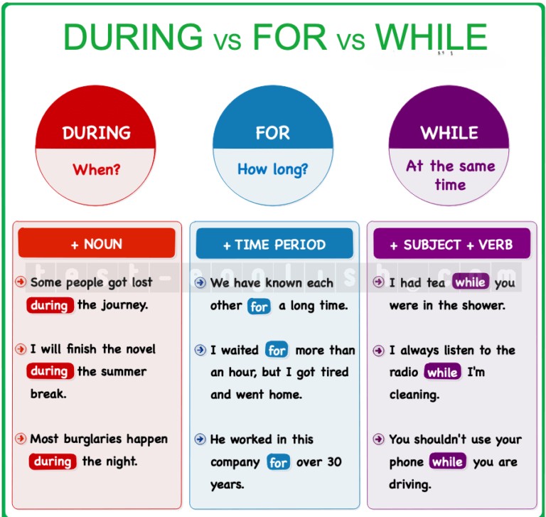Grammar chart explaining during, for, while: used to express time relationships in English. Designed for A2/B1 learners.