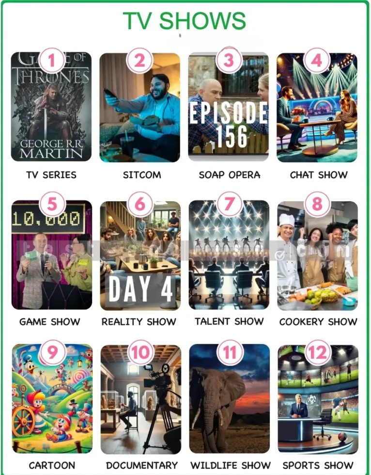 Infographic of TV show types: TV series, sitcom, soap opera, chat show, game show, reality show, talent show, cookery show, cartoon, documentary, wildlife show, sports show