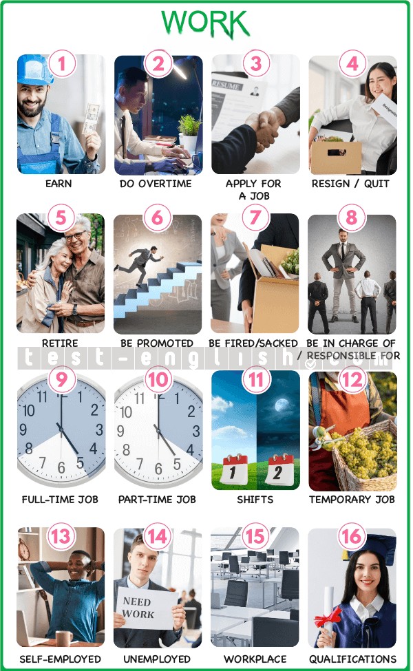 Infographic of work-related verbs: earn, apply, resign, retire, promote, sack, in charge