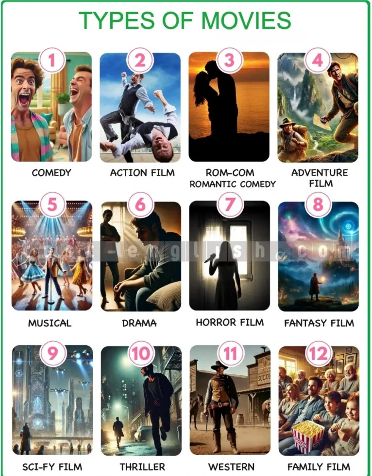 Infographic of movie genres: comedy, action film, rom-com, adventure, musical, drama, horror, fantasy, sci-fi, thriller, western, family film