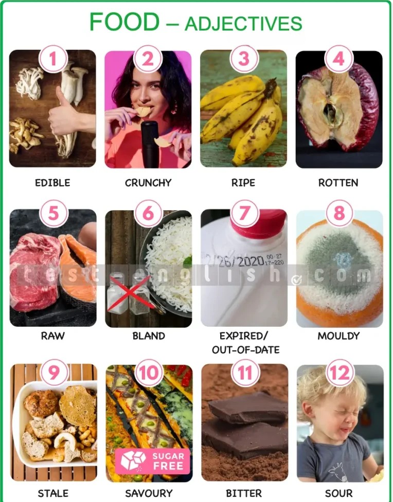 Infographic of food adjectives: edible, crunchy, ripe, rotten, raw, bland, expired, mouldy, stale, savoury, bitter, sour