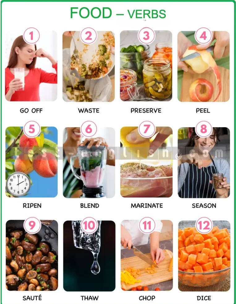Infographic of food verbs: go off, waste, preserve, peel, ripen, blend, marinate, season, sauté, thaw, chop, dice