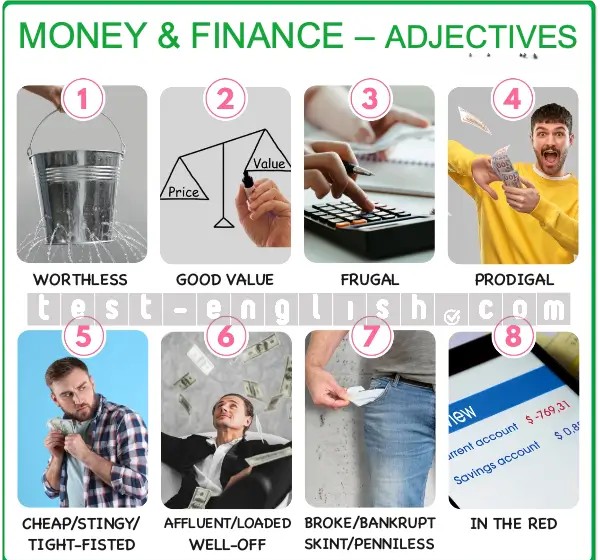 Infographic of finance adjectives: worthless, good value, frugal, affluent, broke
