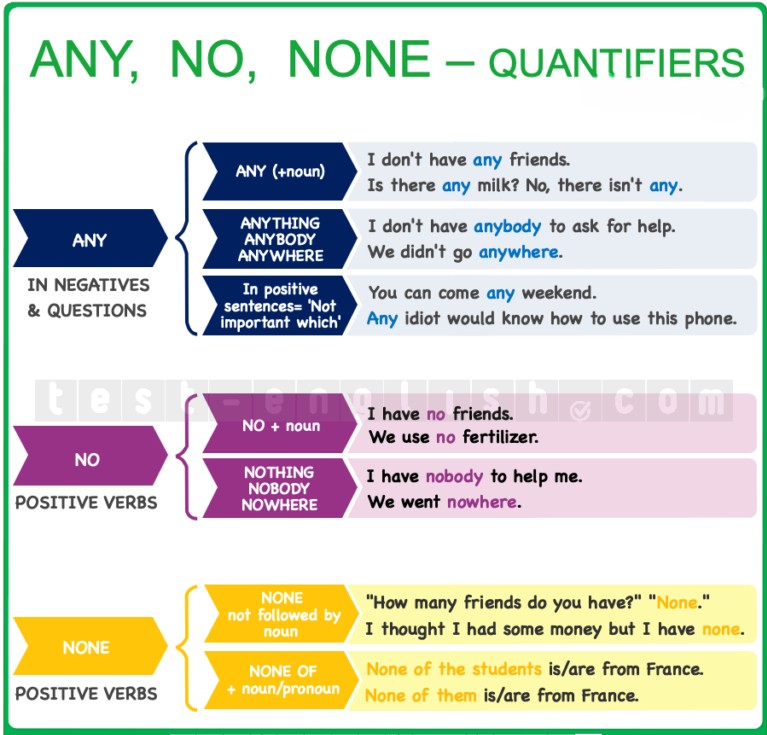 Grammar chart explaining 'no', 'any', and 'none': no friends, don't have any, none of them, etc.